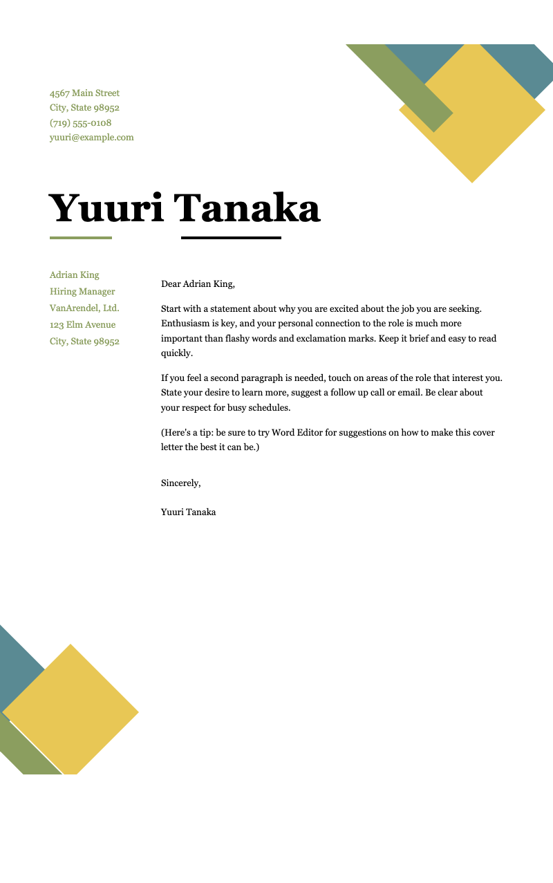 Geometric cover letter - Clean, modern cover letter template with geometric accents for job applications.